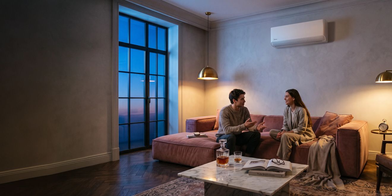 Пара разговаривает в гостиной, на стене — настенный кондиционер Midea